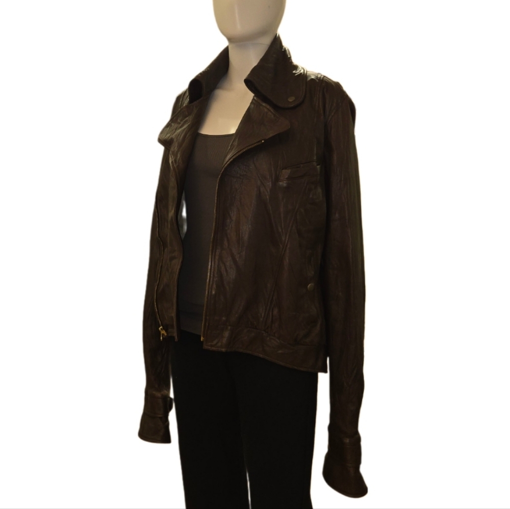 MIKE & CHRIS Dark Brown Extra-Long Statement Sleeve Unique Leather Moto Jacket